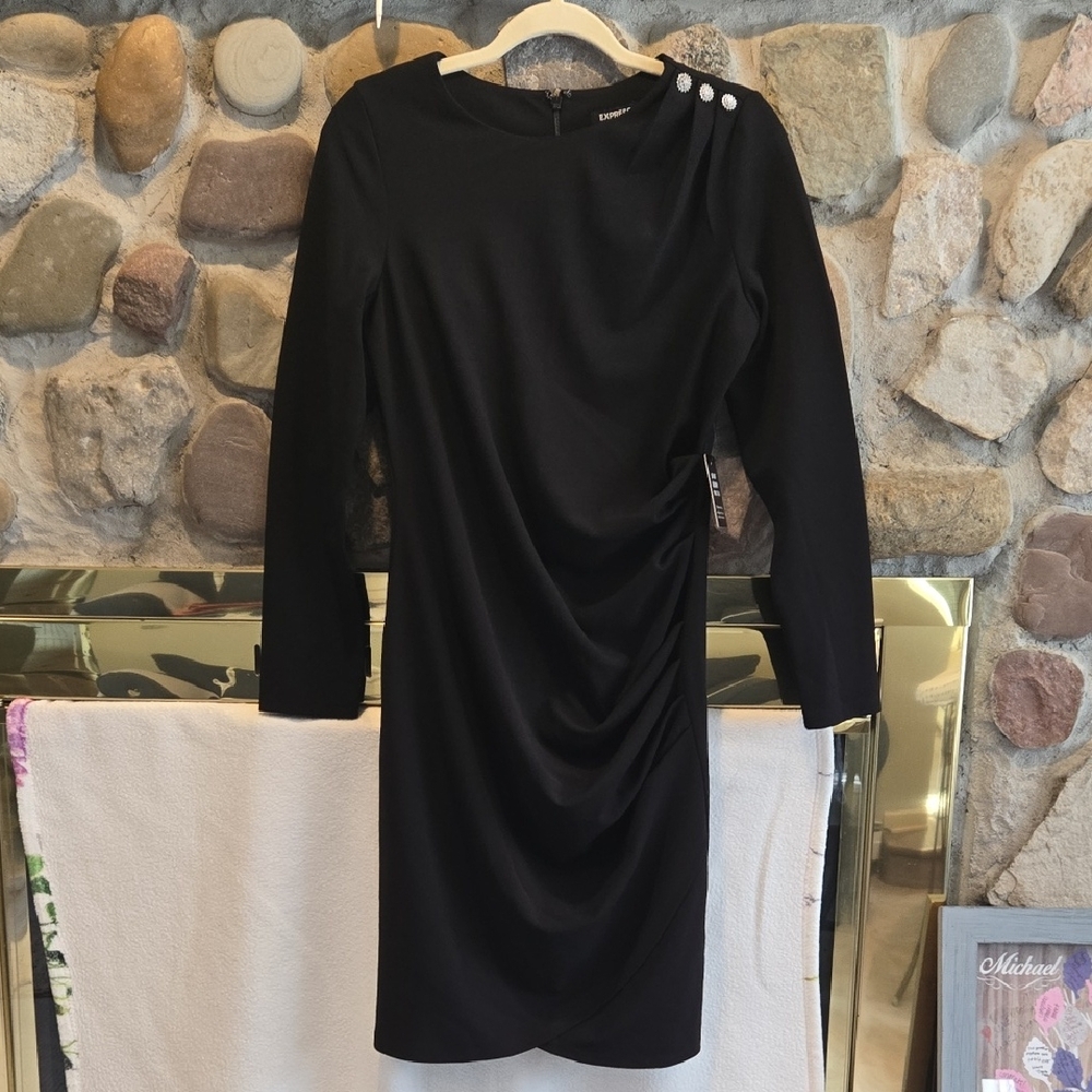 Express Black Long Sleeve Dress with Button Detail